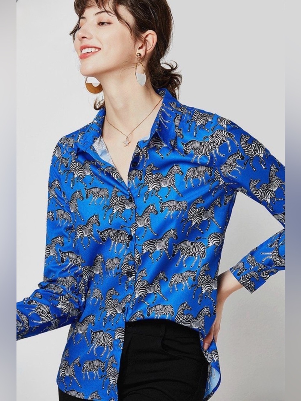 Zara Royal Blue Long Sleeve Button Down Top Shirt Zebra Prints Sz XS - Picture 2 of 12